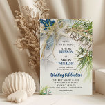 Moderne Hochzeit am Strand Einladung<br><div class="desc">Eine großartige Einladung für Hochzeiten am Strand oder auf dem Schiff, mit tropischem Palmenblättern, einem Schild mit Holzbalken, schönen Muscheln und einem Sternenfisch mit aquatischer Blau und Weiß. Die Hochzeitsvorlage ist detailliert mit ozeanblauen Akzenten und ist leicht zu anpassen.</div>