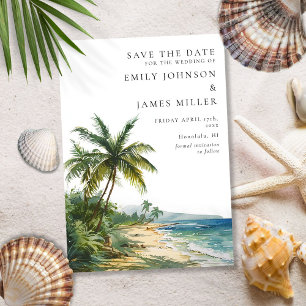 Moderne Hochzeit am tropischen Palmenstrand Save The Date