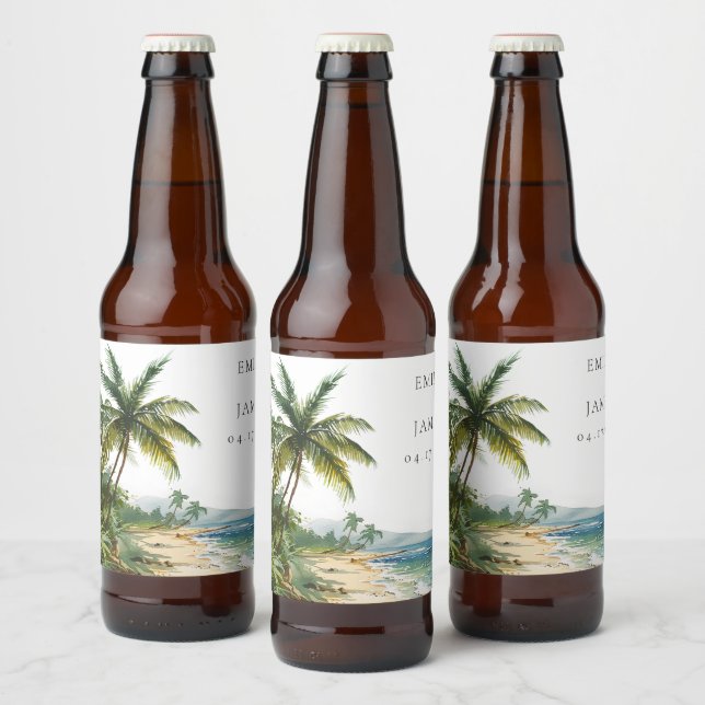 Moderne Hochzeit am tropischen Strand Bierflaschenetikett (Flaschen)