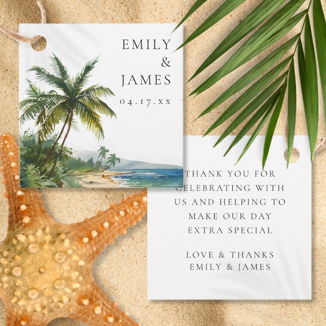 Moderne Hochzeit am tropischen Strand Geschenkanhänger (Modern Watercolor Tropical Beach Wedding Favor Tags)