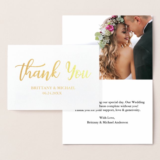 Moderne Hochzeit Danke B Script Foto Gold Folienkarte (Anzeige)