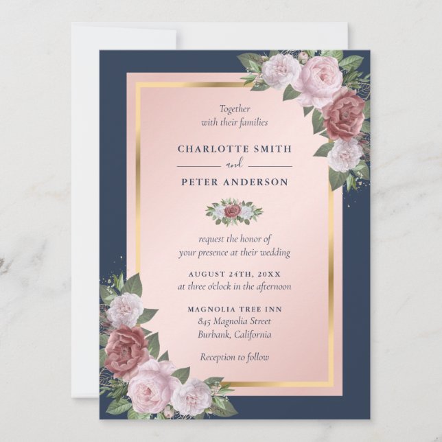 Moderne Hochzeit der Blauen Blüte Gold Floral Einladung (Vorderseite)