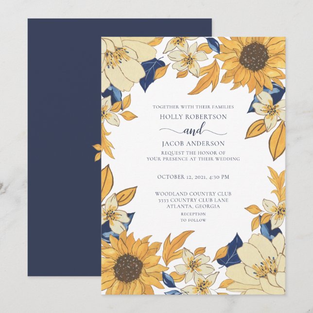 Moderne Hochzeit der blauen Blütenblume Einladung (Vorne/Hinten)