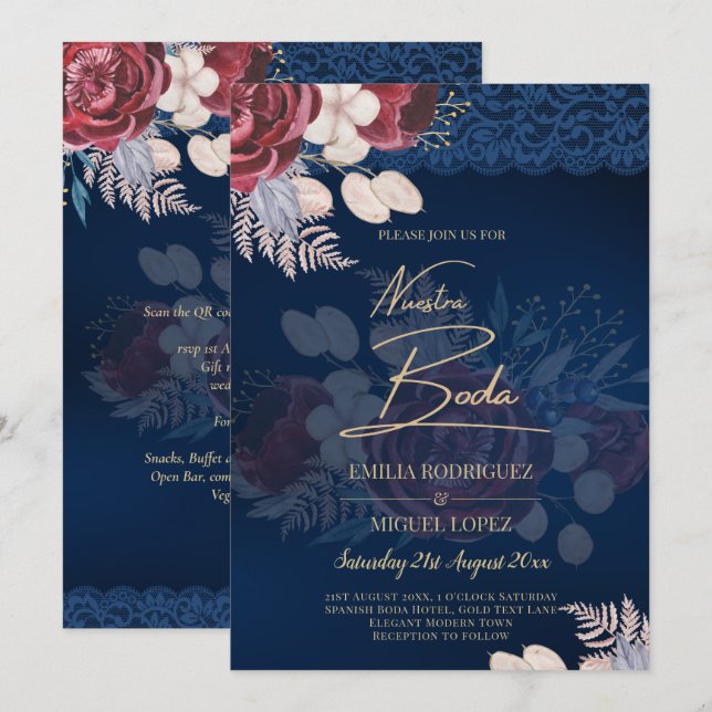 Moderne Hochzeit der Blauen Burgund Einladung (Vorne/Hinten)