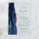 Moderne Hochzeit der blauen Rose Acryleinladungen<br><div class="desc">Die links Seite dieses eleganten,  modernen Hochzeitseinladens besticht durch eine marineblau-blaue Aquarellgrenze,  die mit Imitaten Rose Gold Glitzer bestickt ist. Der anpassbare Text kombiniert handschriftlich,  kopperplate und kursiv Schriftart in Holzkohlegrau auf einem klaren Hintergrund.</div>