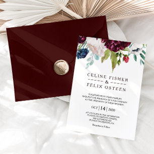Moderne Hochzeit der Burgund-Navy-Blush-Floral Einladung