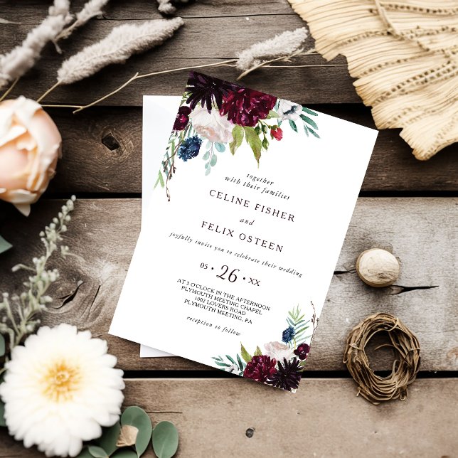 Moderne Hochzeit der Burgund-Navy-Blush-Floral Einladung (Von Creator hochgeladen)