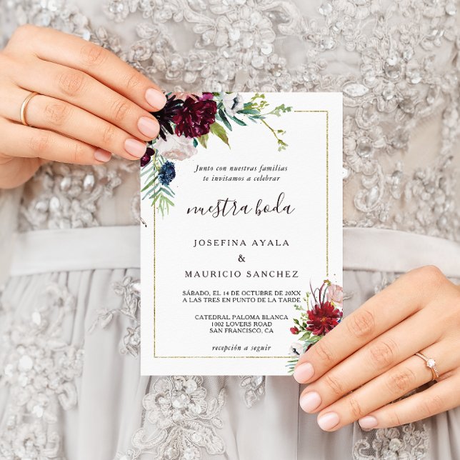 Moderne Hochzeit der Burgundy Navy Blush Spanische Einladung (Von Creator hochgeladen)