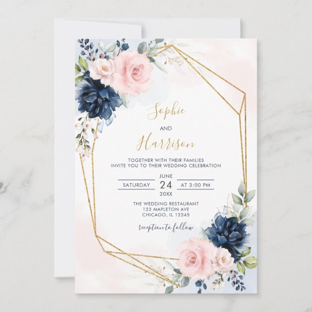  Moderne Hochzeit der geometrischen Marine und der Einladung (Vorderseite)