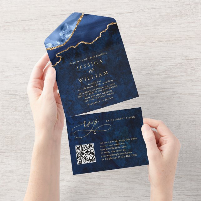 Moderne Hochzeit der Golden Navy All In One Einladung (Abreißen)