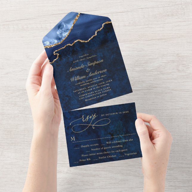 Moderne Hochzeit der Golden Navy All In One Einladung (Abreißen)