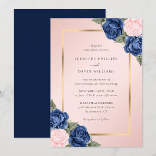 Moderne Hochzeit der Navy Blue Blush Pink Gold Flo Einladung