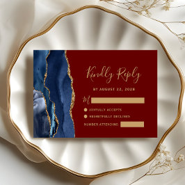 Moderne Hochzeit der Navy Blue Gold Agate Burgundy RSVP Karte