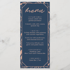 Moderne Hochzeit der Navy Blue & Rose Menükarte