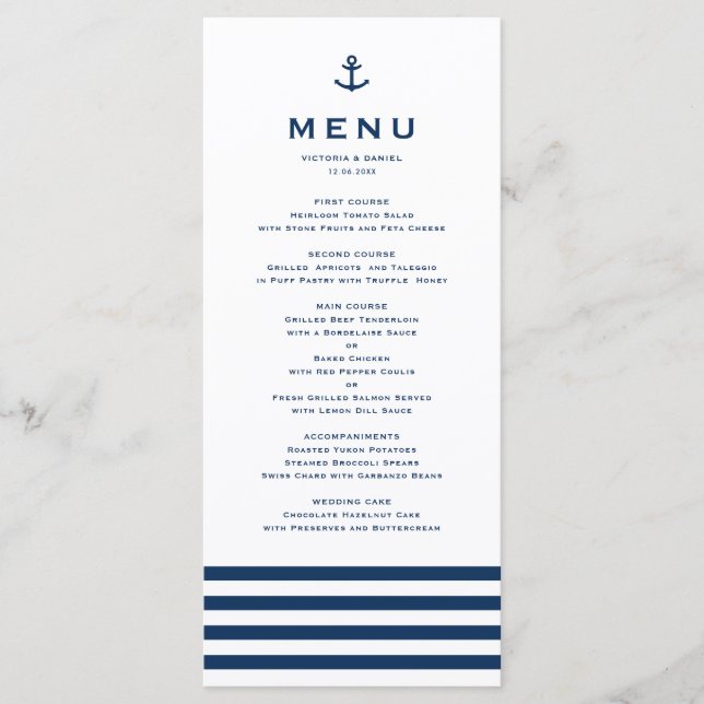 Moderne Hochzeit der Navy in Blau und Weiß Anker Menükarte (Vorderseite)
