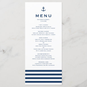Moderne Hochzeit der Navy in Blau und Weiß Anker Menükarte