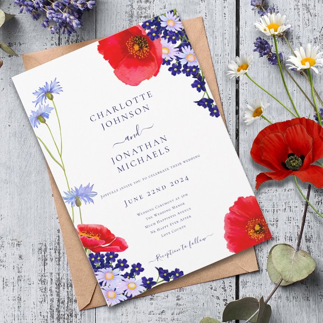 Moderne Hochzeit der Seestreitkräfte mit blauer El Einladung (Modern wildflower floral navy blue and red wedding invitation )