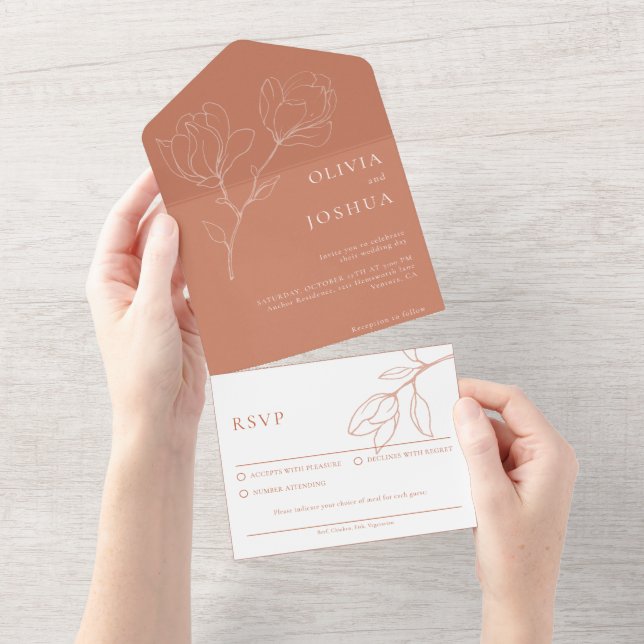 Moderne Hochzeit der Terracotta Floral All In One Einladung (Abreißen)