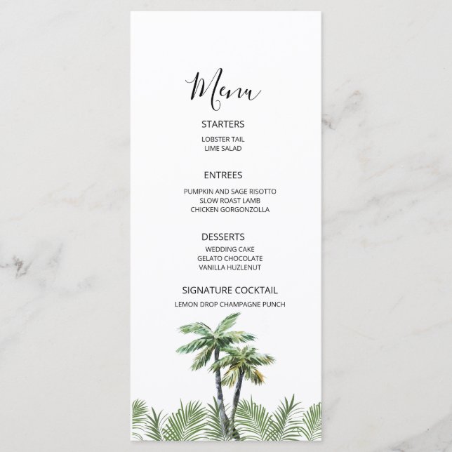 Moderne Hochzeit der Wasserfarbenpalme Menükarte (Vorderseite)