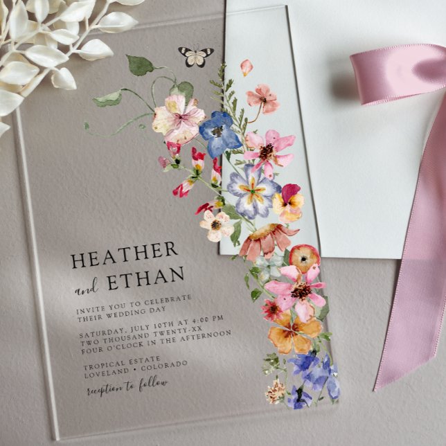 Moderne Hochzeit der Wildblume Acryleinladungen (Modern Watercolor Wildflower Wedding Acrylic Invitations with Butterfly by Painted Paperie
)