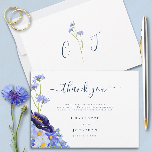 Moderne Hochzeit der Wildblume Dankeskarte (Stylish Blue floral wedding thank you card with wildflowers
)