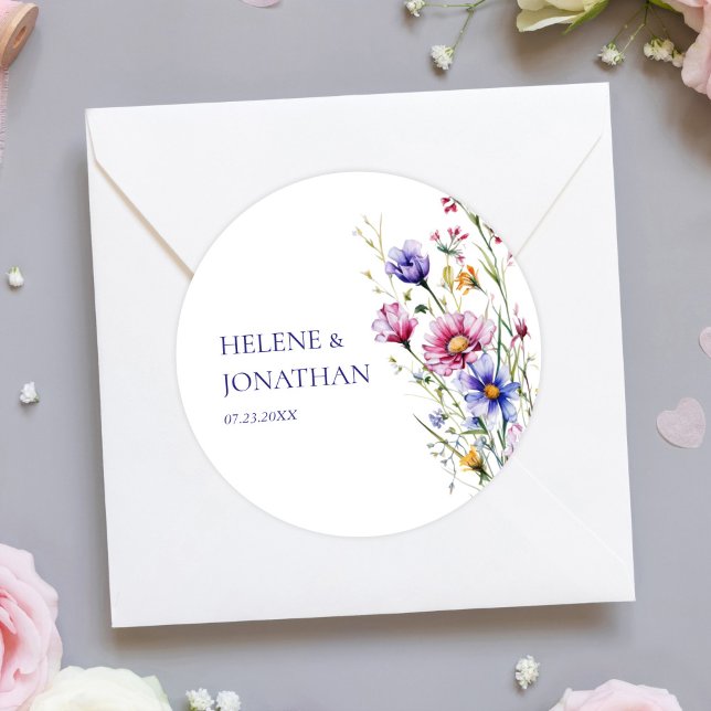 Moderne Hochzeit der Wildblume Runder Aufkleber (Modern Wildflower Floral Wedding Classic Round Sticker)