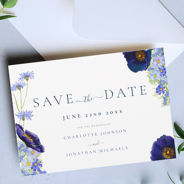 Moderne Hochzeit der Wildblume Save The Date (Elegant wildflower watercolor blue wedding save the date invitation boho Garden meadow flowers)