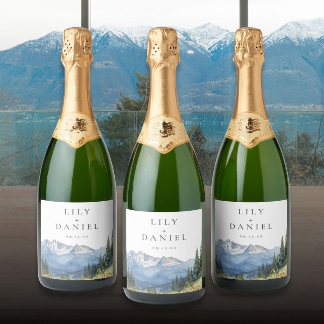 Moderne Hochzeit der Wildblume Watercolor (Modern Watercolor Mountain Wildflower Wedding Sparkling Wine Label)