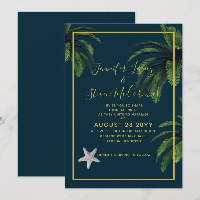 Moderne Hochzeit des Blue Gold Palm Tree Navy am S Einladung (Vorne/Hinten)