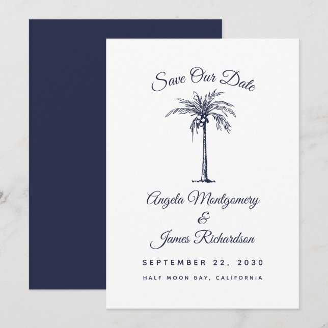 Moderne Hochzeit des Blue Palm Beach Save the Date (Vorne/Hinten)