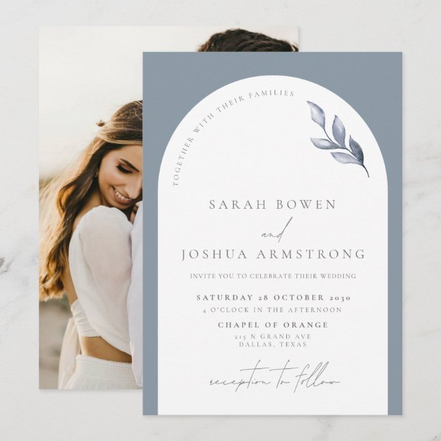 Moderne Hochzeit des Botanischen Fotos "Blauer Pfe Einladung (Vorne/Hinten)