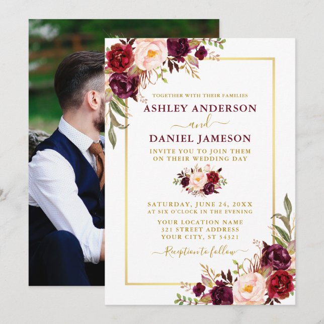 Moderne Hochzeit des Fotos Burgund Einladung (Vorne/Hinten)