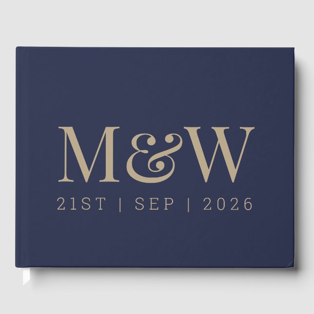 Moderne Hochzeit des Gold Monogram Navy Gästebuch (Vorderseite)
