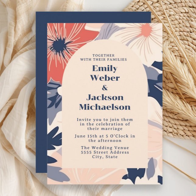 Moderne Hochzeit des Korallenriff Einladung (Navy and coral retro-style flowers wedding invitation)