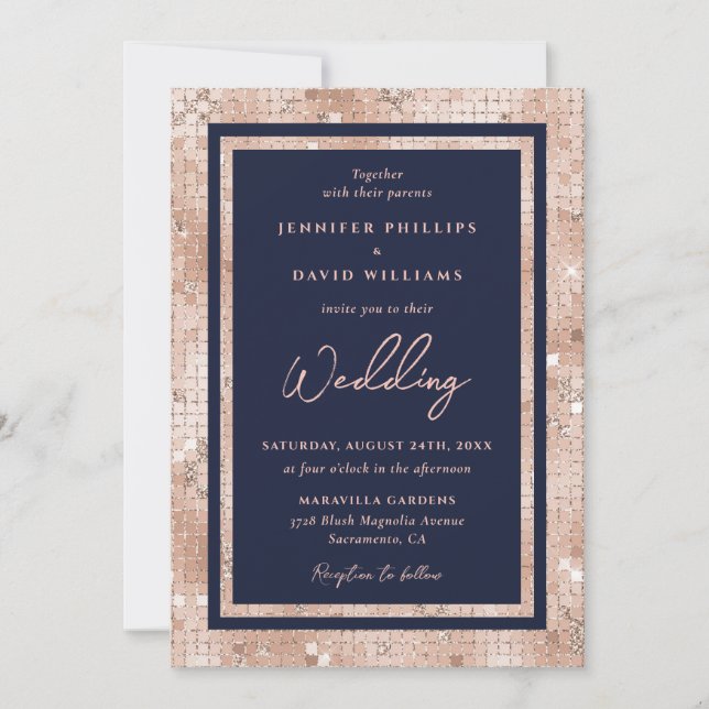 Moderne Hochzeit des Navy Blue Rose Gold Foil Glit Einladung (Vorderseite)