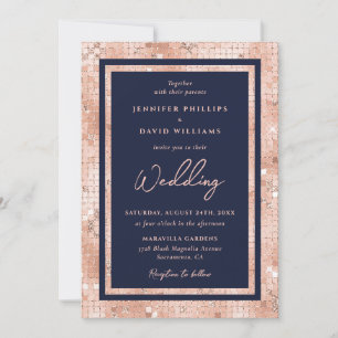 Moderne Hochzeit des Navy Blue Rose Gold Foil Glit Einladung