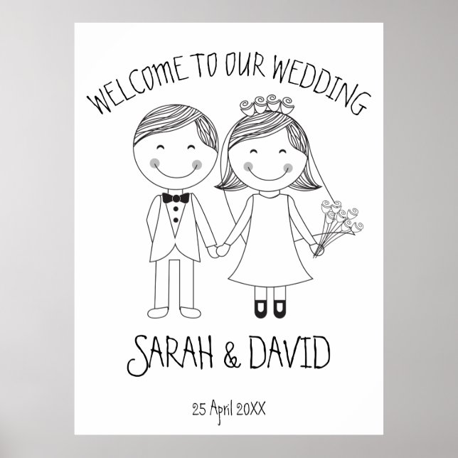 Moderne Hochzeit Doodle Cartoon Pärchen willkommen Poster (Vorne)