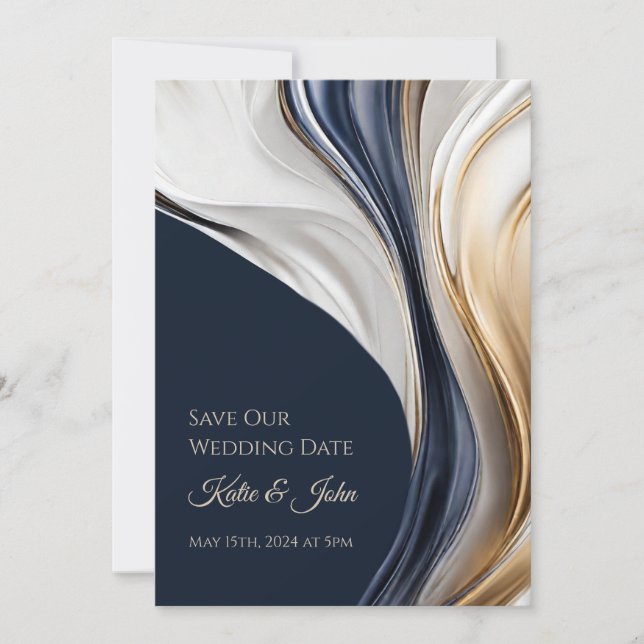Moderne Hochzeit - Foto-Blau Weiß und Gold- Save The Date (Vorderseite)