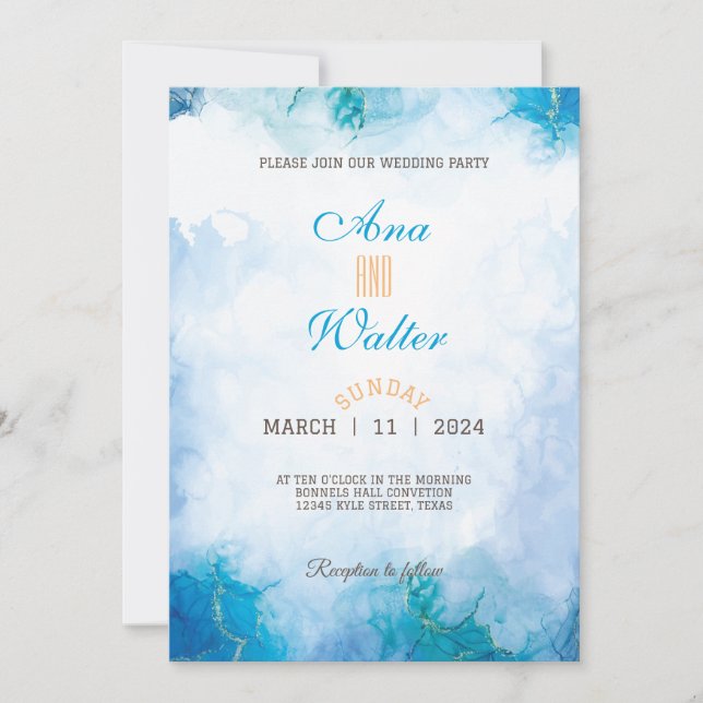 Moderne Hochzeit in Blau und Türkis Einladung (Vorderseite)