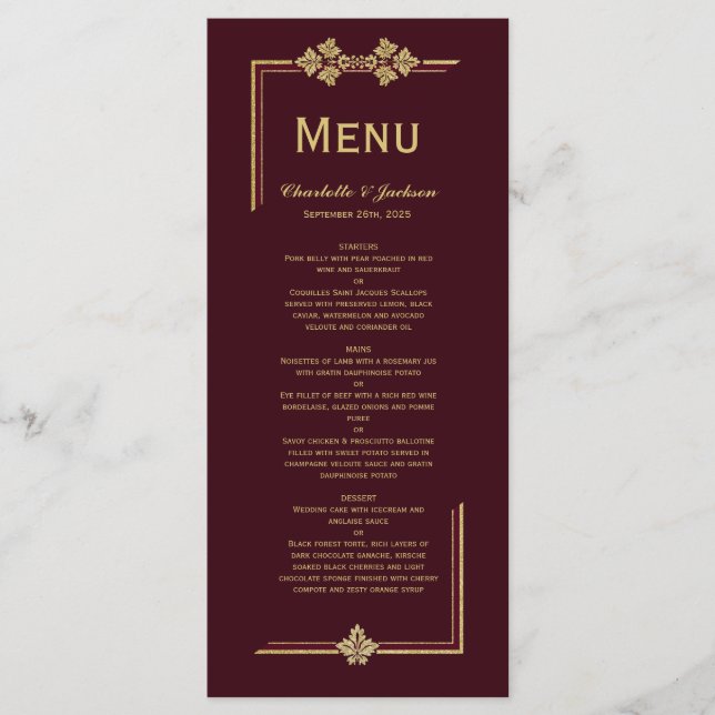 Moderne Hochzeit in Burgund und Gold - Glitzer Menükarte (Vorderseite)