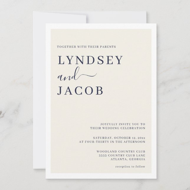 Moderne Hochzeit in Deep Navy mit Blue und Cream Einladung (Vorderseite)
