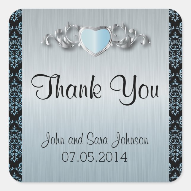 Moderne Hochzeit in einem Aqua Blue Damask Quadratischer Aufkleber (Vorderseite)