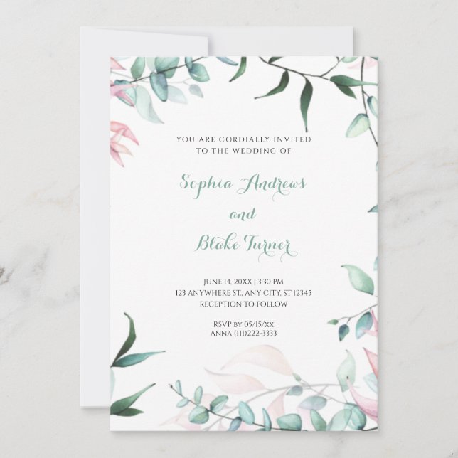 Moderne Hochzeit in Grün und Rosa Garten Verlassen Einladung (Vorderseite)