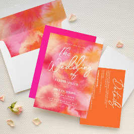 Moderne Hochzeit in heißrosa und orangefarbenem Wa Einladung