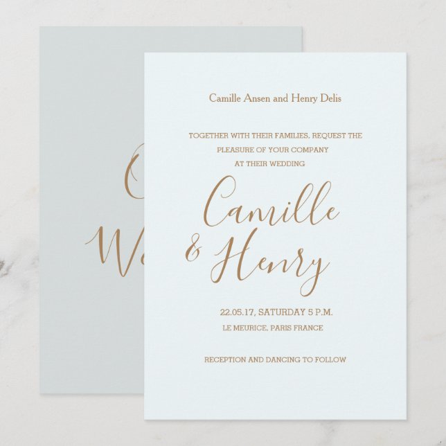 Moderne Hochzeit in hellblau-goldgrau Einladung (Vorne/Hinten)