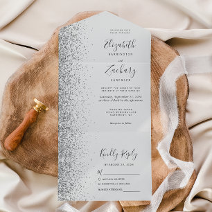 Moderne Hochzeit in Hellgrau Silber Glitter All In One Einladung