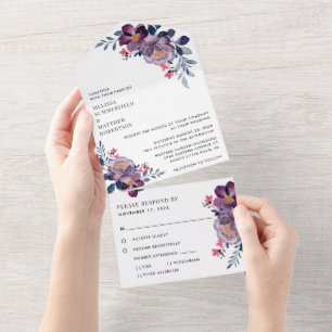 Moderne Hochzeit in lila Blumen All In One Einladung