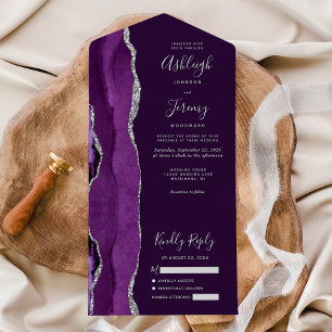 Moderne Hochzeit in Lila Silber Achat Pflaume All In One Einladung
