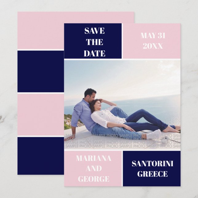 Moderne Hochzeit in marineblau und rot Save The Date (Vorne/Hinten)