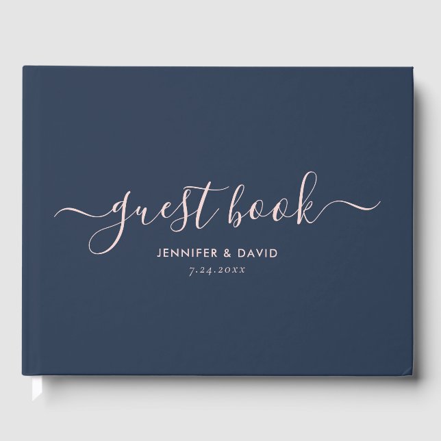 Moderne Hochzeit in Navy Blue und Blush Script Gästebuch (Vorderseite)